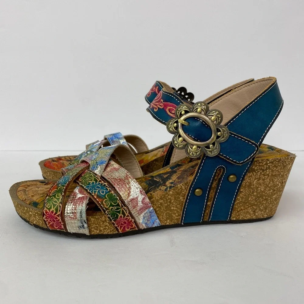 NEW, L'Artiste Spring Step, Audrie Blum Floral Leather Cork Wedge Sandal Size 39